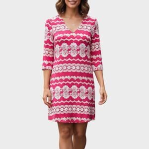 Dina Be Womens Dress Pink White Pattern Small 1/2 Sleeve
